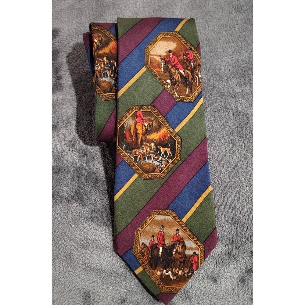 Vintage Polo Ralph Lauren Silk Necktie Horse Dog Equestrian Fox Hunt Made USA